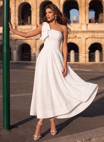 A-Line One-Shoulder Sleeveless Ankle-Length Elastic Satin Evening Dresses With Bow