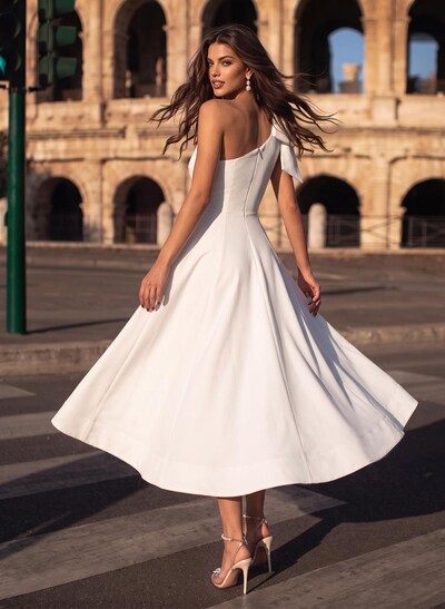 A-Line One-Shoulder Sleeveless Ankle-Length Elastic Satin Evening Dresses With Bow