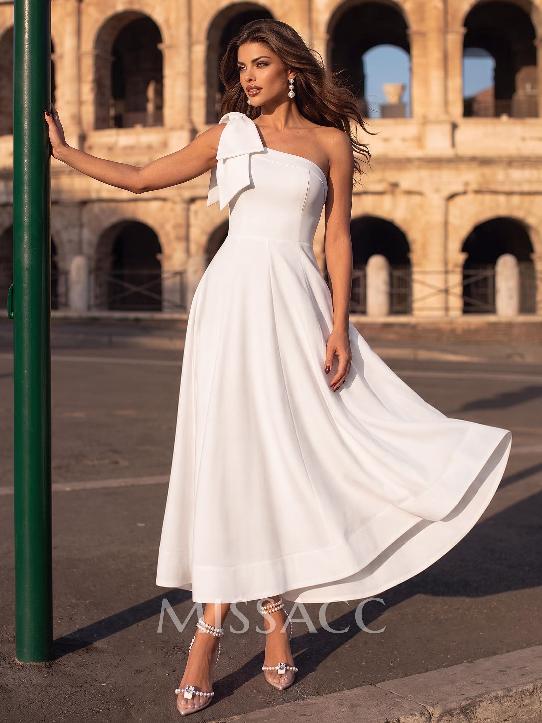 A-Line One-Shoulder Sleeveless Ankle-Length Elastic Satin Evening Dresses With Bow