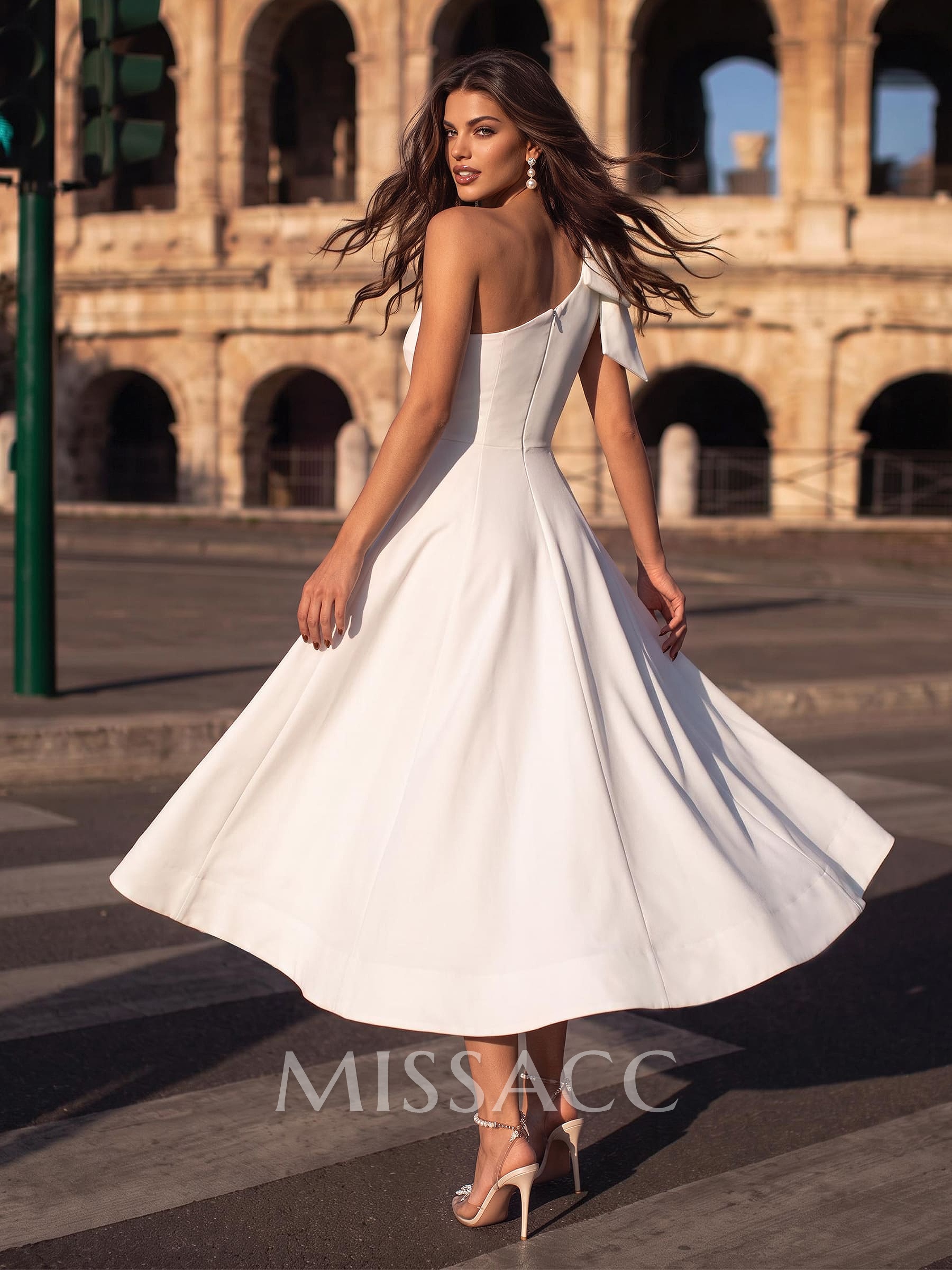 A-Line One-Shoulder Sleeveless Ankle-Length Elastic Satin Evening Dresses With Bow
