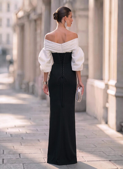 Sheath/Column Off-The-Shoulder Long Sleeve Floor-Length Stretch Satin Evening Dresses With Front Slit And Pockets