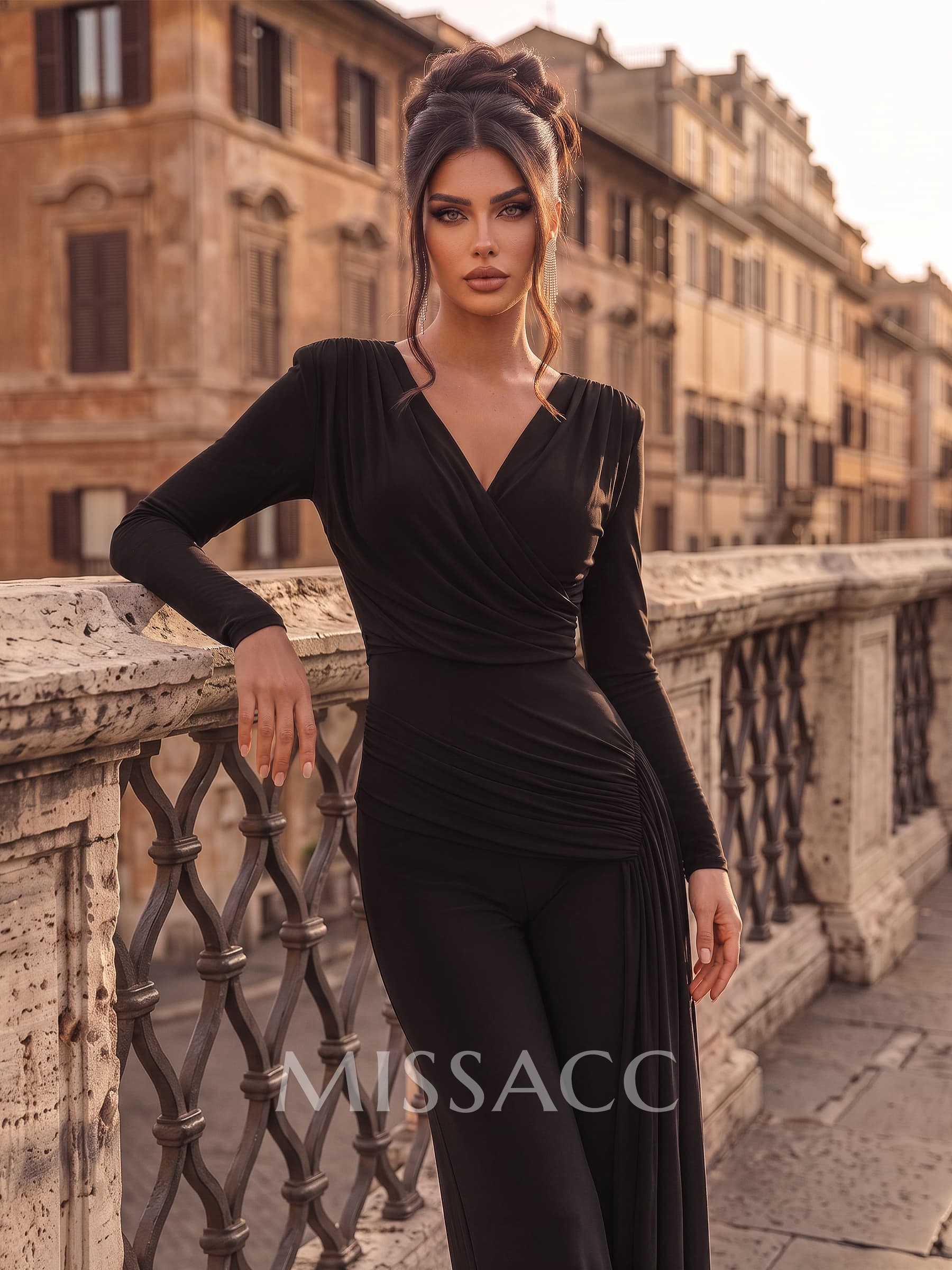 Jumpsuit/Pantsuit V-Neck Long Sleeves Floor-Length Jersey Evening Dresses With Pleated/Sweeping Side Drape