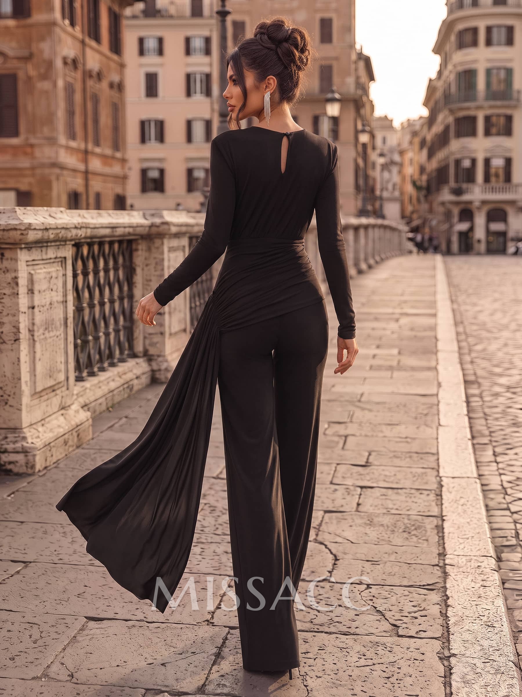Jumpsuit/Pantsuit V-Neck Long Sleeves Floor-Length Jersey Evening Dresses With Pleated/Sweeping Side Drape