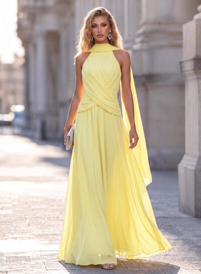 A-Line High Neck/Halter Sleeveless Floor-Length Chiffon Evening Dresses