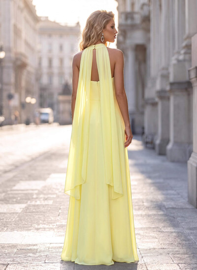 A-Line High Neck/Halter Sleeveless Floor-Length Chiffon Evening Dresses