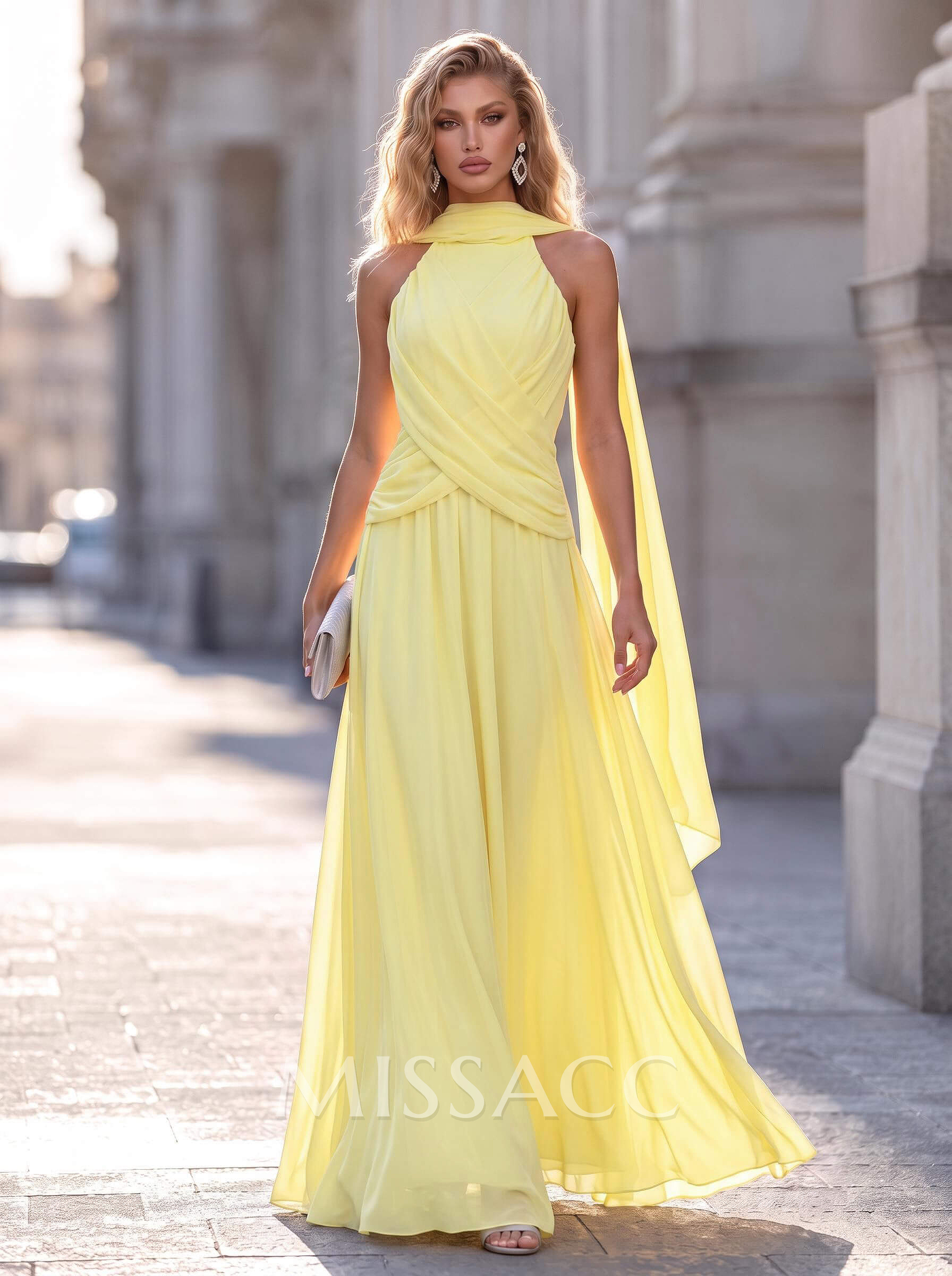 A-Line High Neck/Halter Sleeveless Floor-Length Chiffon Evening Dresses