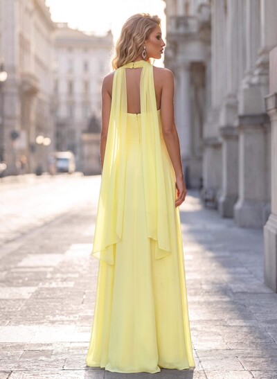 A-Line High Neck/Halter Sleeveless Floor-Length Chiffon Evening Dresses