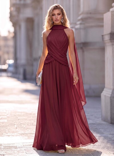 A-Line High Neck/Halter Sleeveless Floor-Length Chiffon Evening Dresses