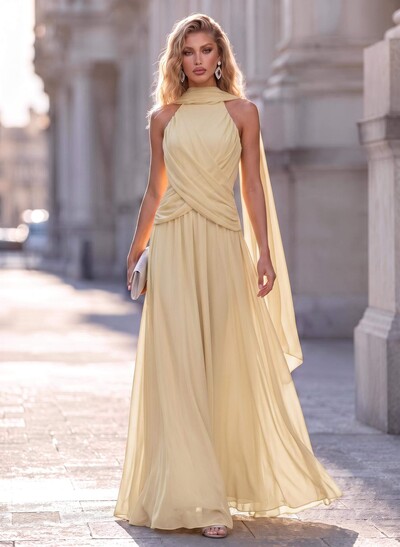 A-Line High Neck/Halter Sleeveless Floor-Length Chiffon Evening Dresses