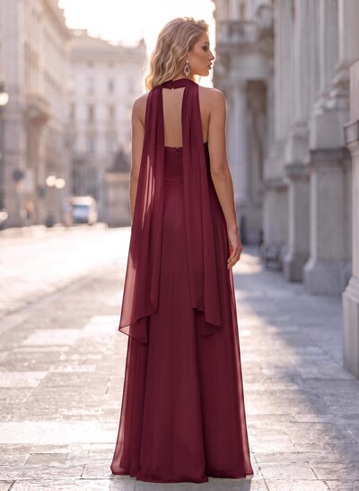 A-Line High Neck/Halter Sleeveless Floor-Length Chiffon Evening Dresses
