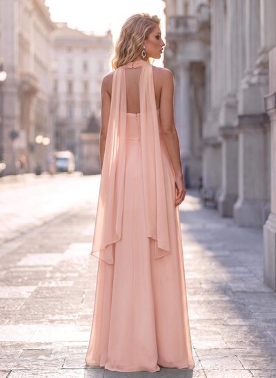 A-Line High Neck/Halter Sleeveless Floor-Length Chiffon Evening Dresses