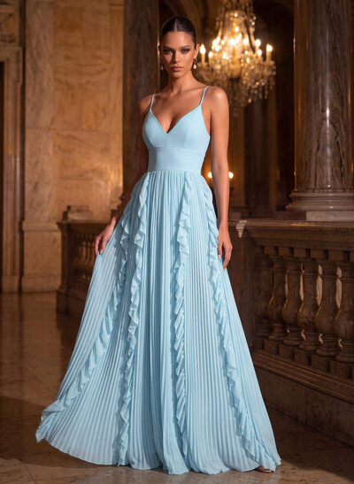 A-Line V-Neck Sleeveless Floor-Length Chiffon Evening Dresses With Cascading Ruffles/Pleated