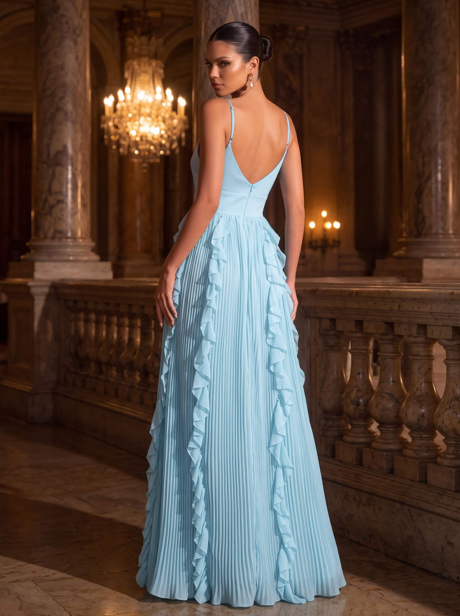 A-Line V-Neck Sleeveless Floor-Length Chiffon Evening Dresses With Cascading Ruffles/Pleated