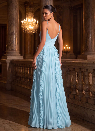 A-Line V-Neck Sleeveless Floor-Length Chiffon Evening Dresses With Cascading Ruffles/Pleated