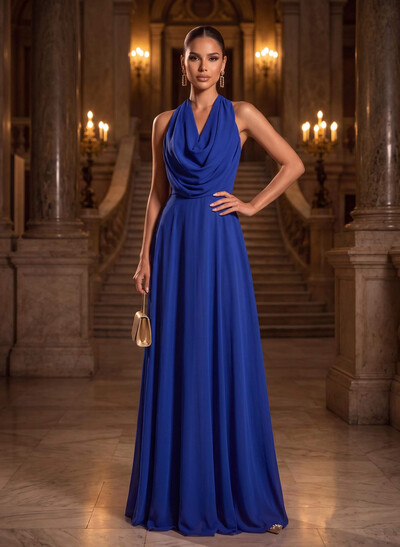 A-Line Cowl Neck Sleeveless Floor-Length Stretch Satin Evening Dresses With Back Hole