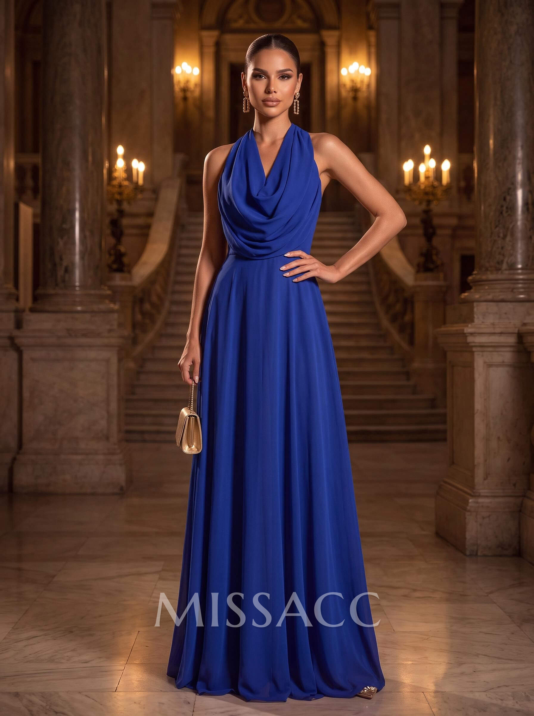 A-Line Cowl Neck Sleeveless Floor-Length Stretch Satin Evening Dresses With Back Hole