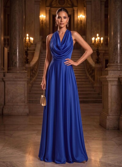 A-Line Cowl Neck Sleeveless Floor-Length Stretch Satin Evening Dresses With Back Hole