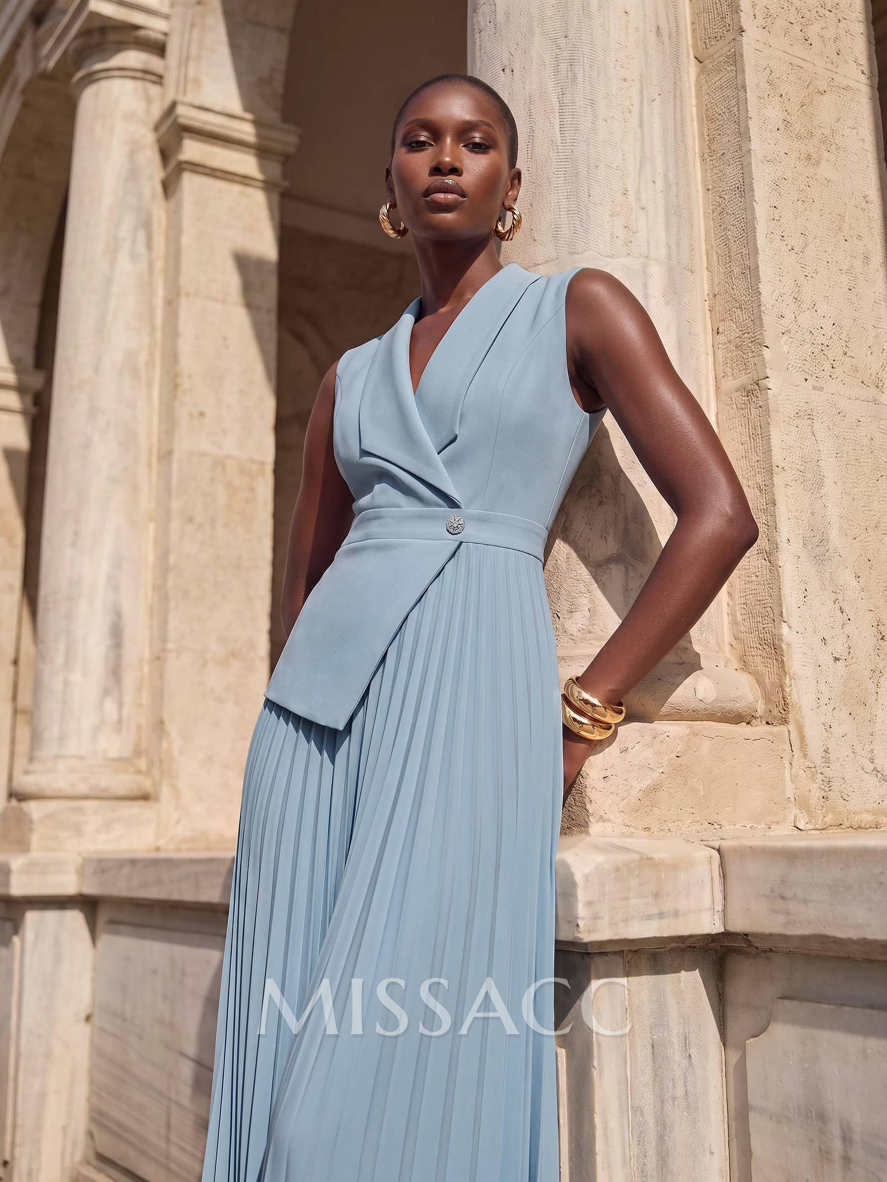 Jumpsuit/Pantsuit V-Neck Sleeveless Floor-Length Chiffon Evening Dresses With Pleated