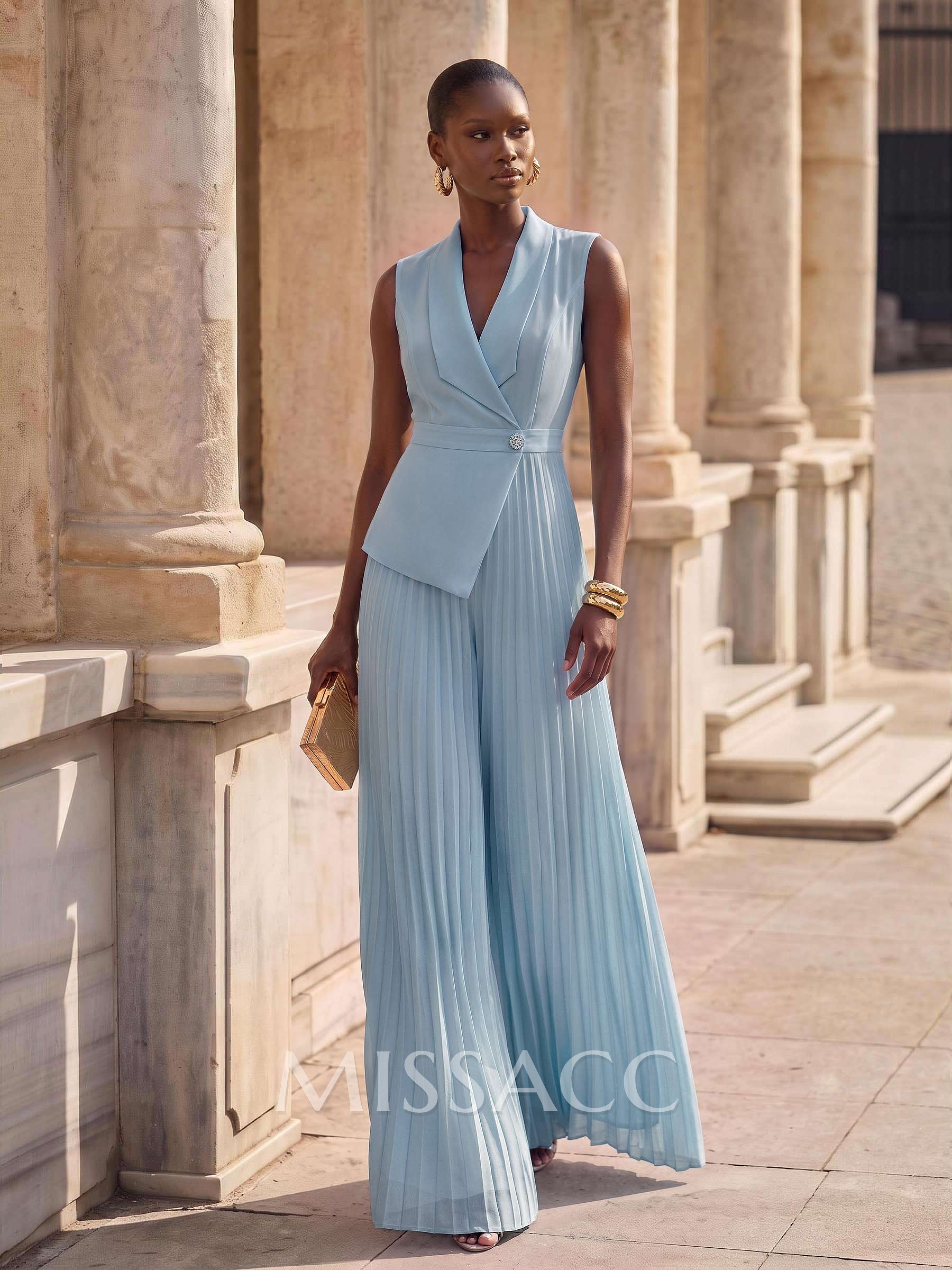 Jumpsuit/Pantsuit V-Neck Sleeveless Floor-Length Chiffon Evening Dresses With Pleated