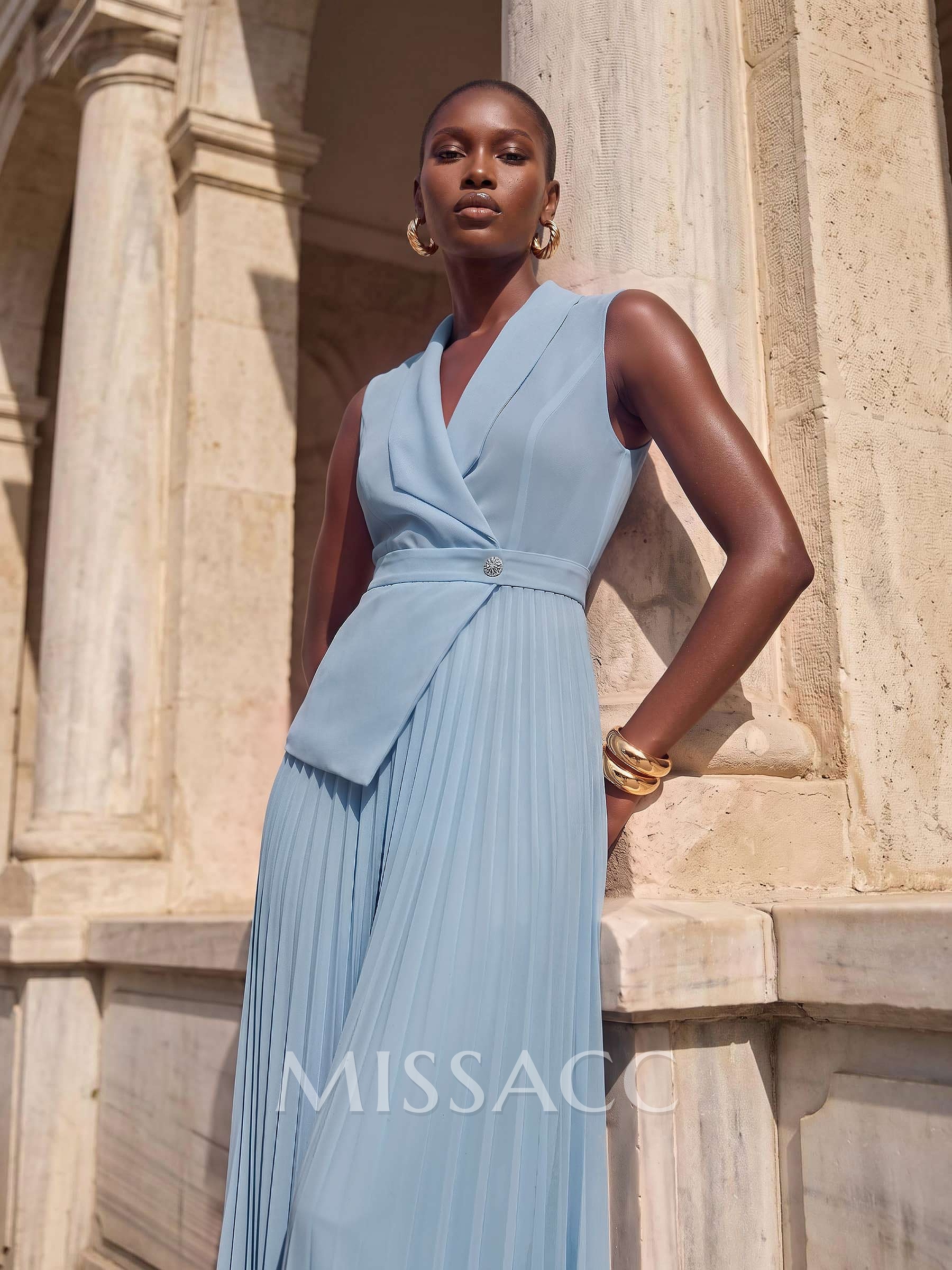 Jumpsuit/Pantsuit V-Neck Sleeveless Floor-Length Chiffon Evening Dresses With Pleated