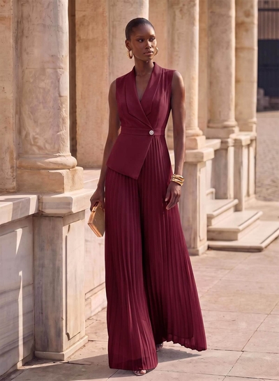 Jumpsuit/Pantsuit V-Neck Sleeveless Floor-Length Chiffon Evening Dresses With Pleated