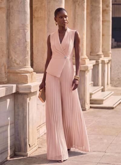Jumpsuit/Pantsuit V-Neck Sleeveless Floor-Length Chiffon Evening Dresses With Pleated