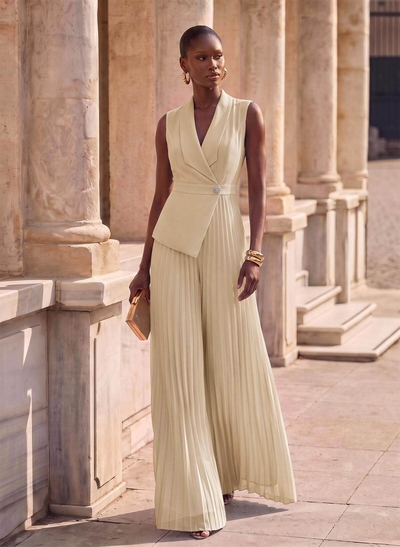 Jumpsuit/Pantsuit V-Neck Sleeveless Floor-Length Chiffon Evening Dresses With Pleated