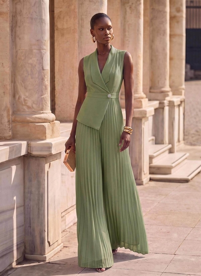 Pleated V-Neck Sleeveless Floor-Length Chiffon Evening Jumpsuit/Pantsuit
