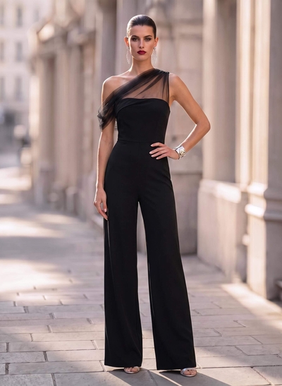 Jumpsuit/Pantsuit Asymmetrical Floor-Length Tulle/Elastic Satin Evening Dresses