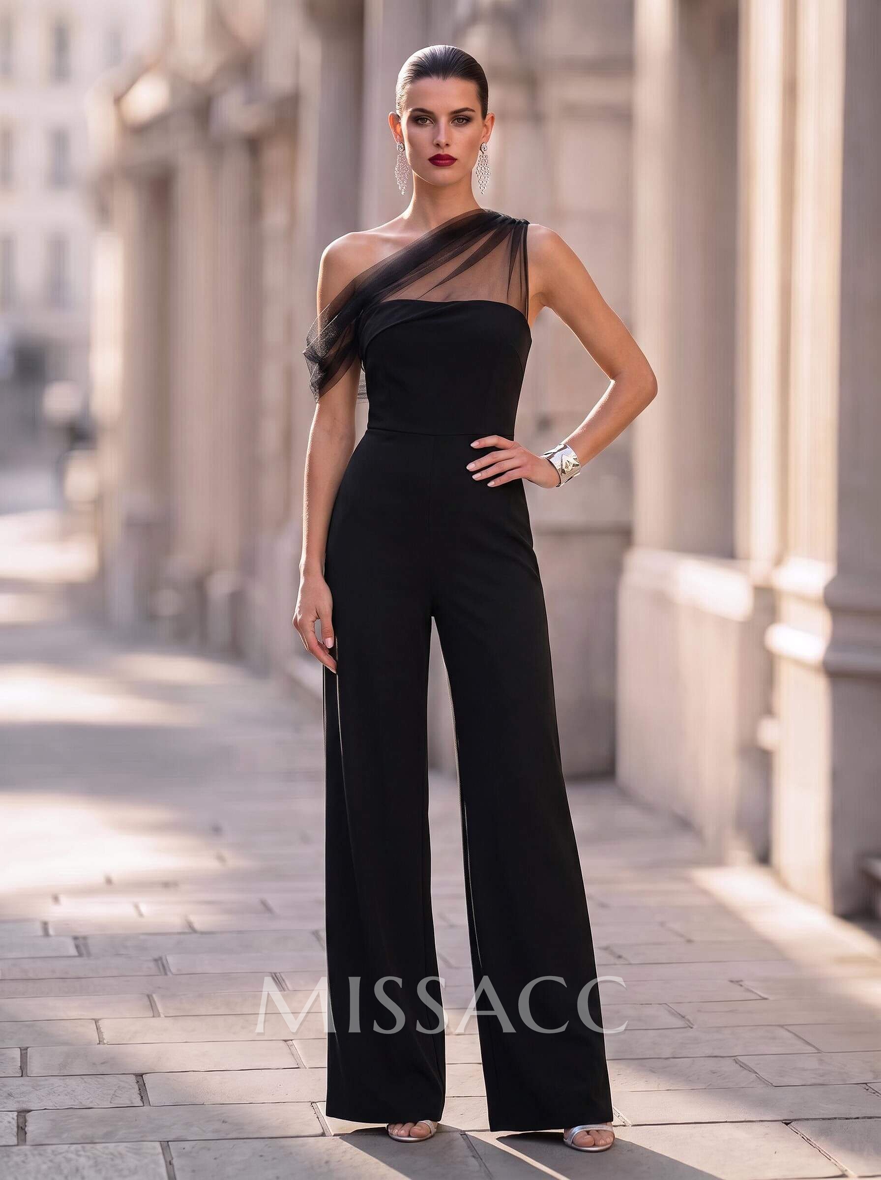 Jumpsuit/Pantsuit Asymmetrical Floor-Length Tulle/Elastic Satin Evening Dresses
