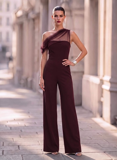 Jumpsuit/Pantsuit Asymmetrical Floor-Length Tulle/Elastic Satin Evening Dresses