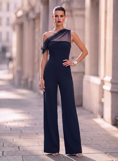 Jumpsuit/Pantsuit Asymmetrical Floor-Length Tulle/Elastic Satin Evening Dresses