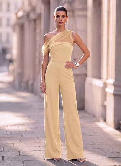 Jumpsuit/Pantsuit Asymmetrical Floor-Length Tulle/Elastic Satin Evening Dresses