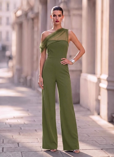 Jumpsuit/Pantsuit Asymmetrical Floor-Length Tulle/Elastic Satin Evening Dresses