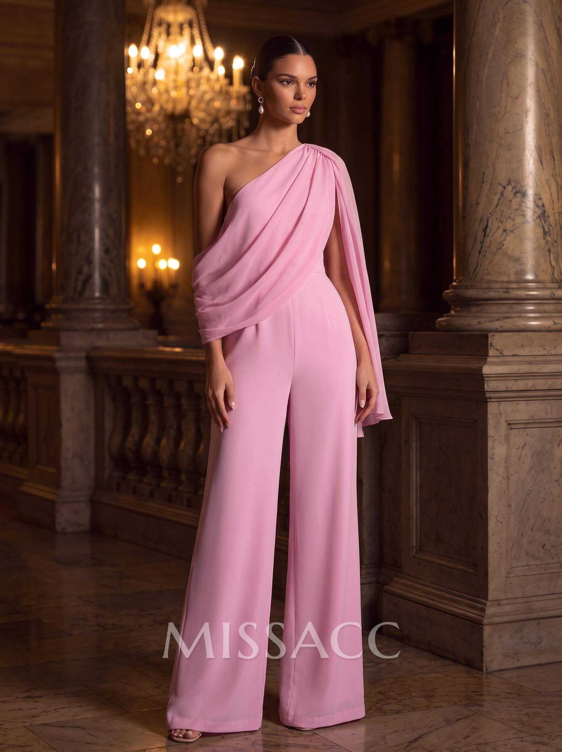 Jumpsuit/Pantsuit Asymmetrical Floor-Length Chiffon Evening Dresses