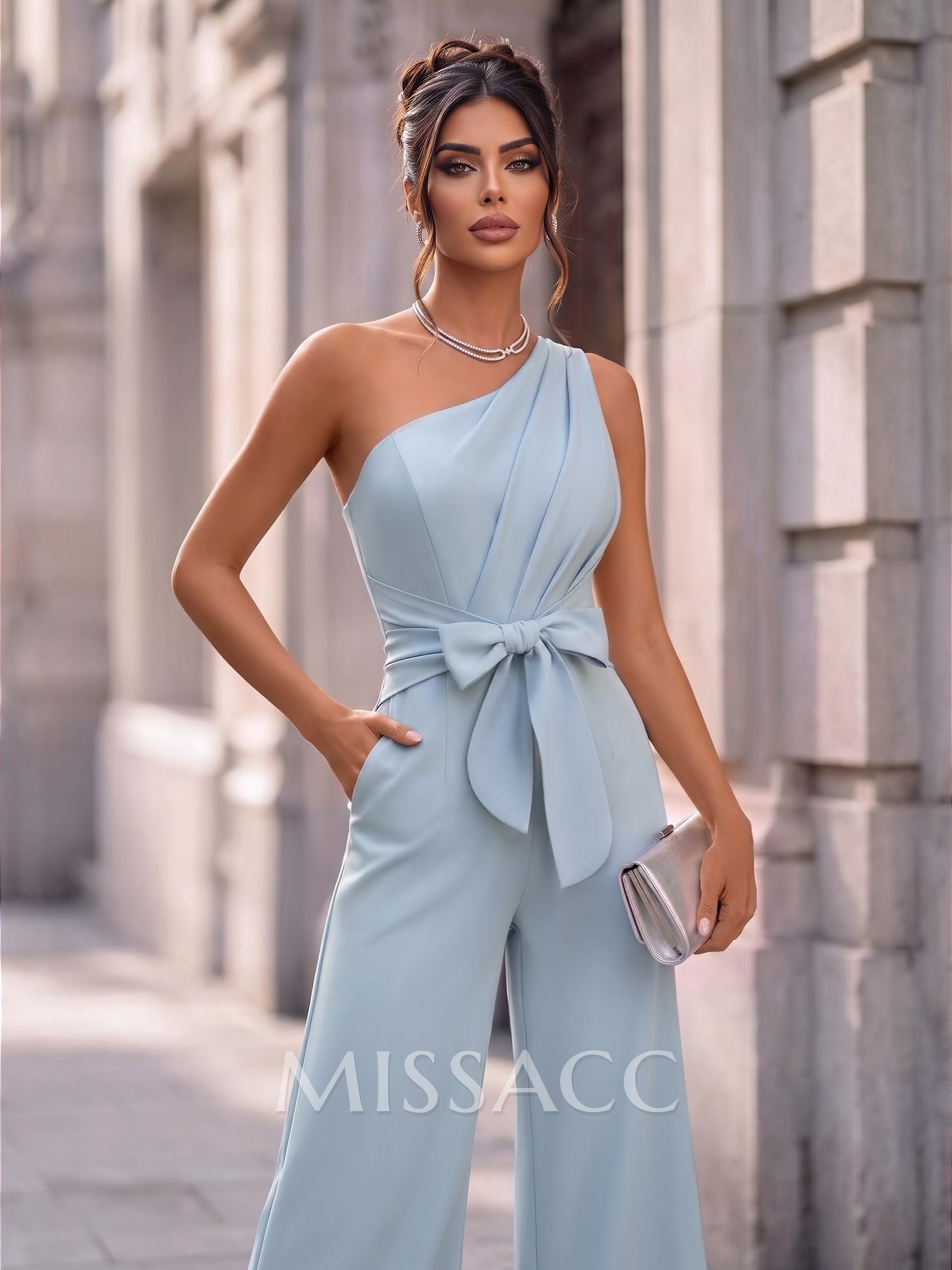 Jumpsuit/Pantsuit One-Shoulder Sleeveless Floor-Length Elastic Satin Evening Dresses With Bow