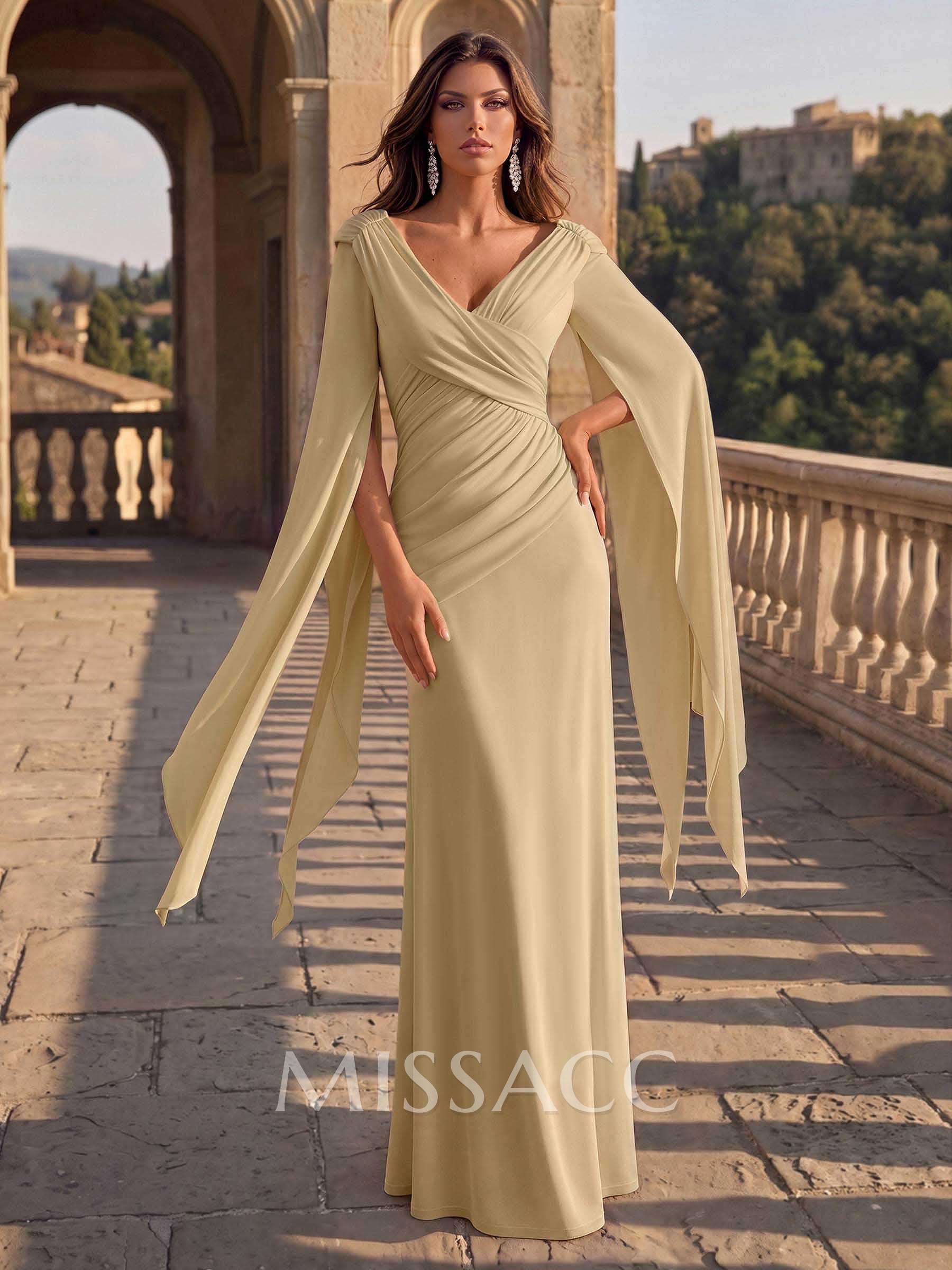 Sheath/Column V-Neck 3/4 Sleeves Floor-Length Jersey Evening Dresses With Pleated