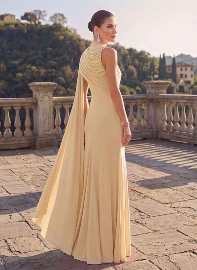 Trumpet/Mermaid High Neck Sleeveless Floor-Length Jersey Evening Dresses With Pleated/Sweeping Side Drape