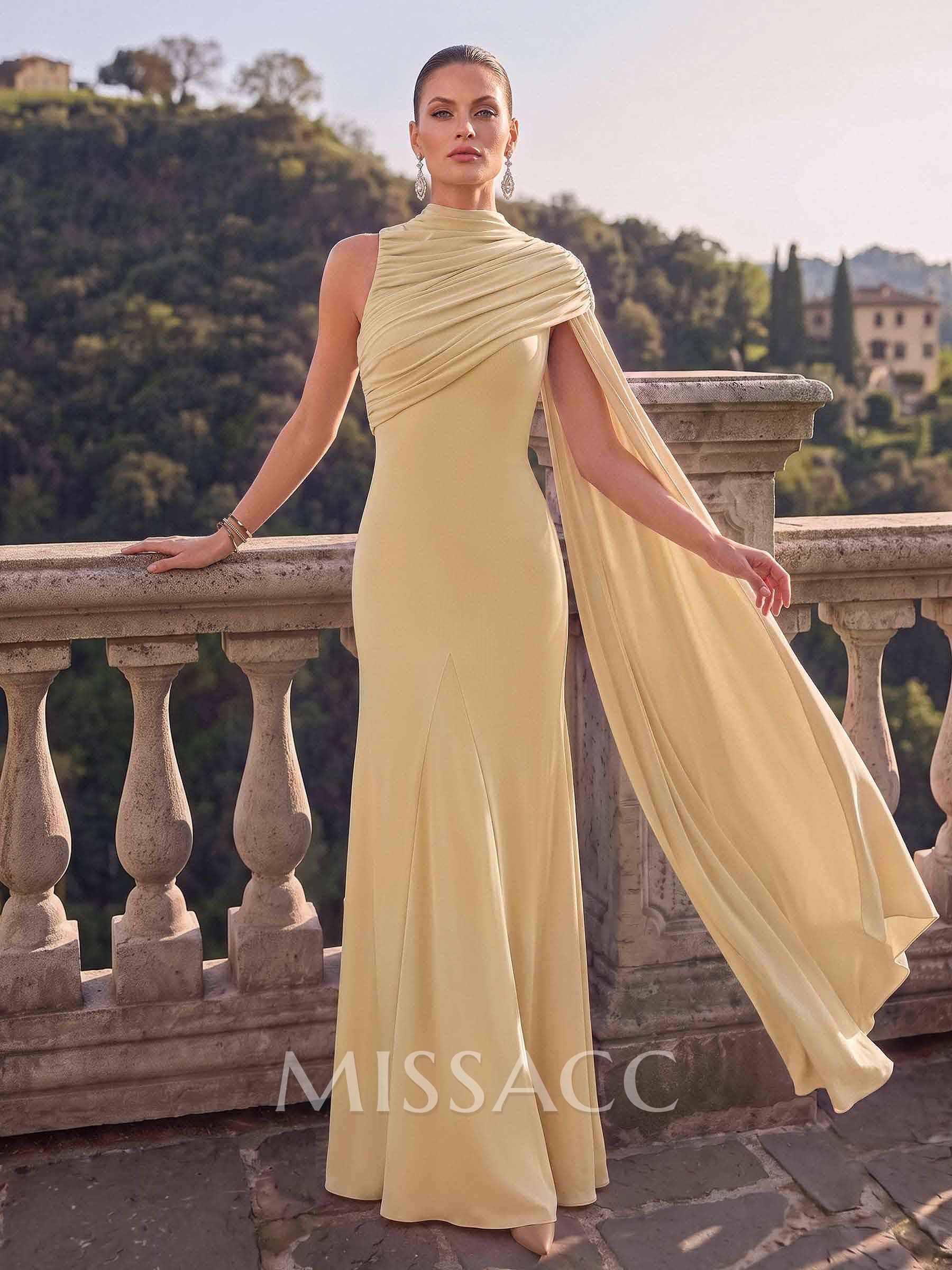 Trumpet/Mermaid High Neck Sleeveless Floor-Length Jersey Evening Dresses With Pleated/Sweeping Side Drape