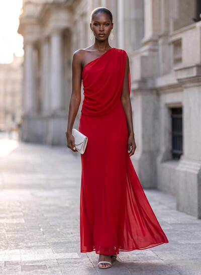 Sheath/Column One-Shoulder Sleeveless Floor-Length Chiffon Evening Dresses