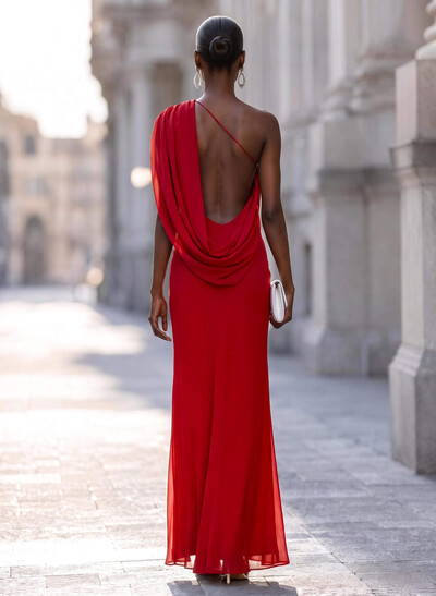 Sheath/Column One-Shoulder Sleeveless Floor-Length Chiffon Evening Dresses