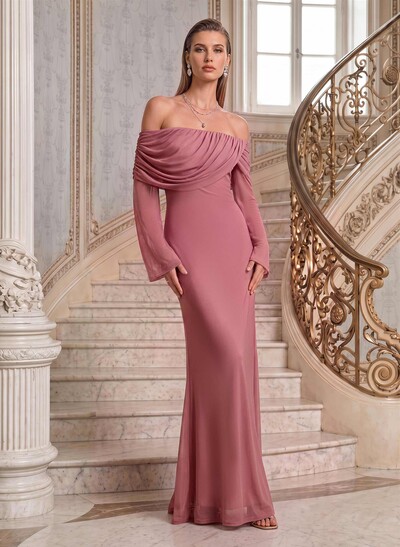 Sheath/Column Off-The-Shoulder Long Sleeves Floor-Length Jersey Evening Dresses