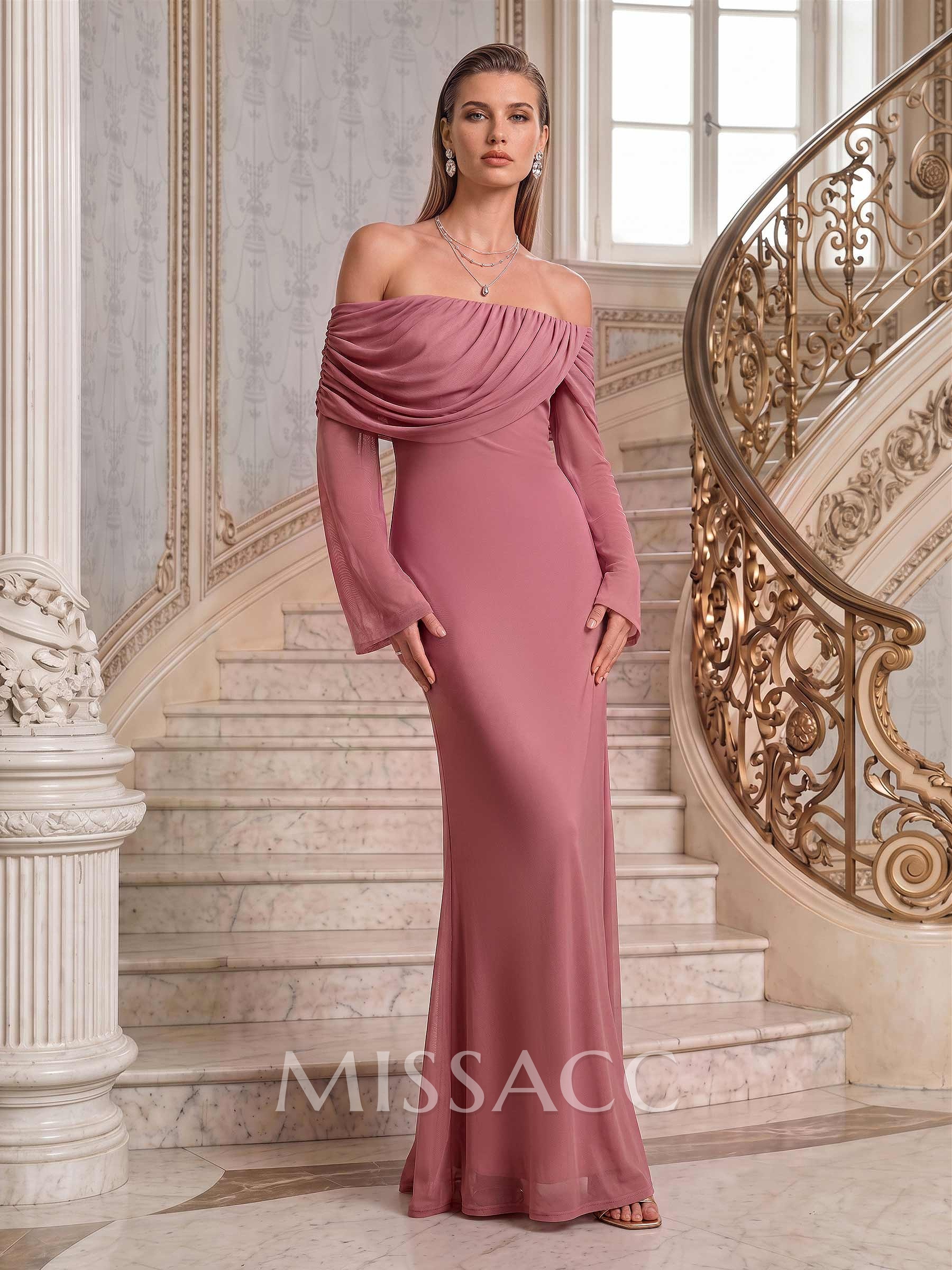 Sheath/Column Off-The-Shoulder Long Sleeves Floor-Length Jersey Evening Dresses