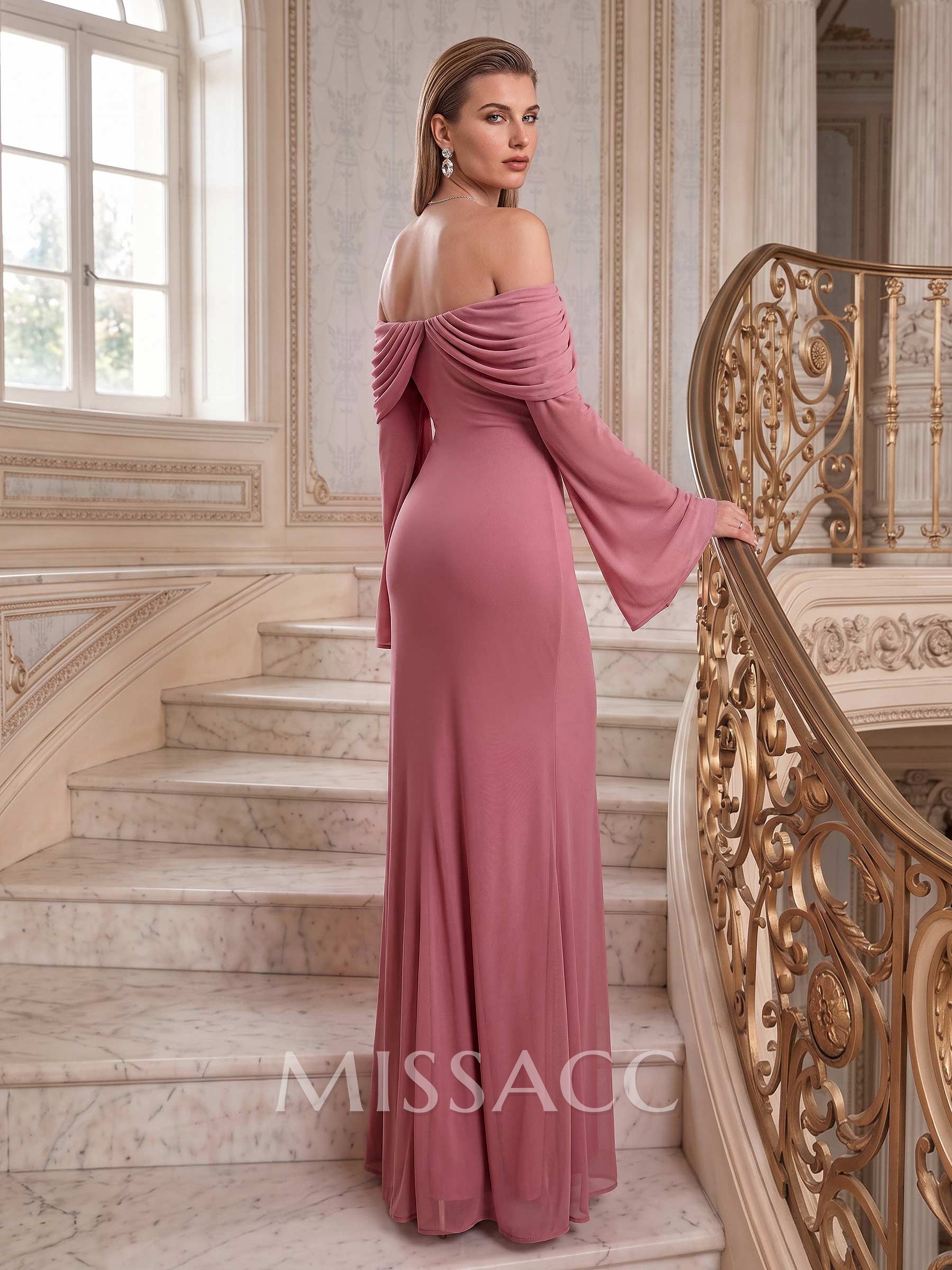 Sheath/Column Off-The-Shoulder Long Sleeves Floor-Length Jersey Evening Dresses