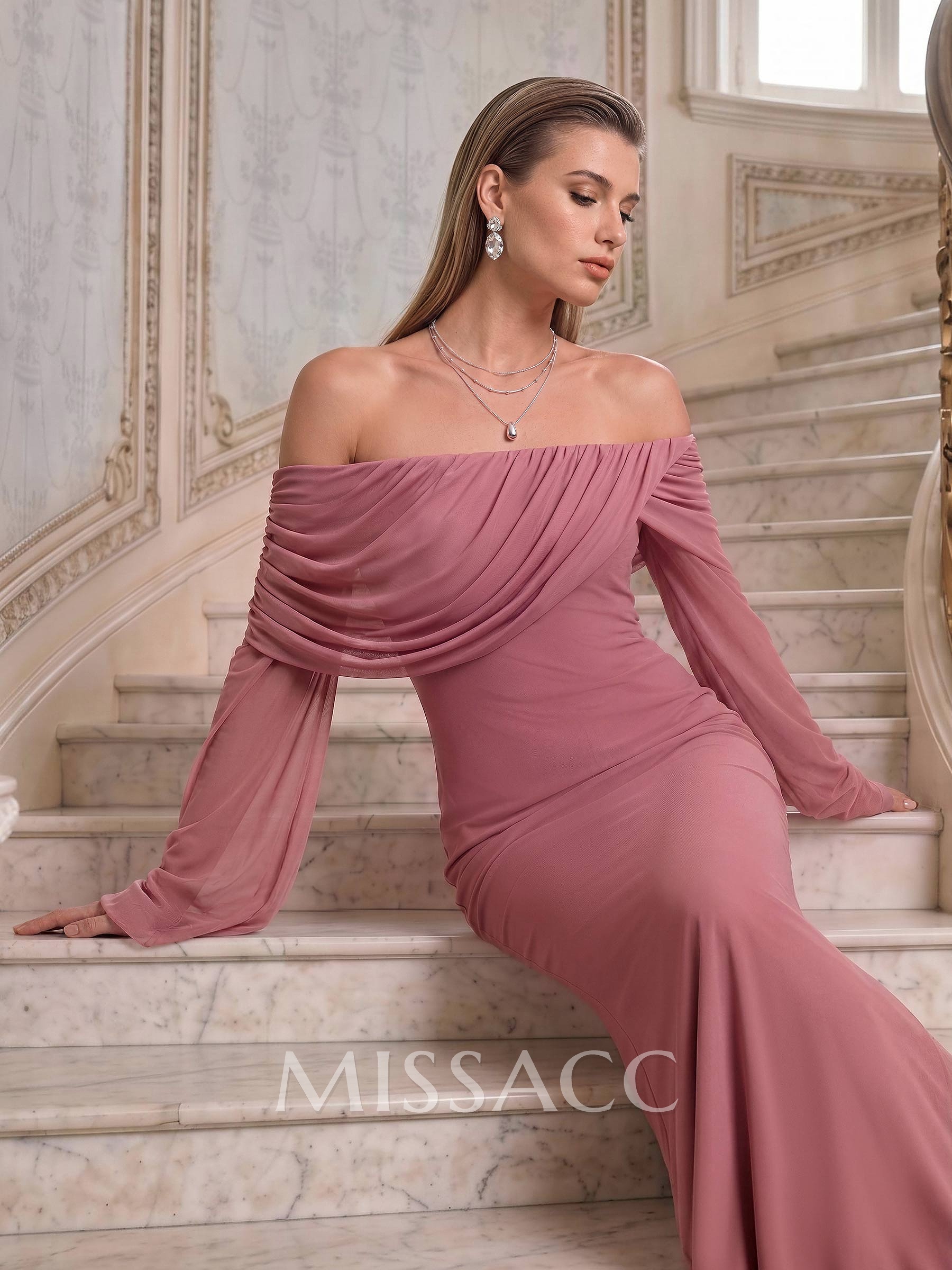 Sheath/Column Off-The-Shoulder Long Sleeves Floor-Length Jersey Evening Dresses