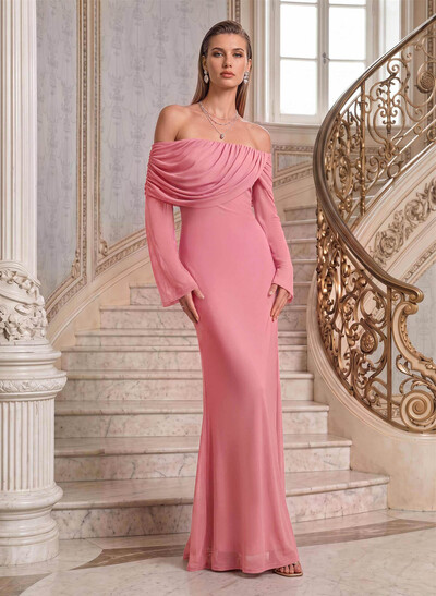 Sheath/Column Off-The-Shoulder Long Sleeves Floor-Length Knitted Chiffon Evening Dresses