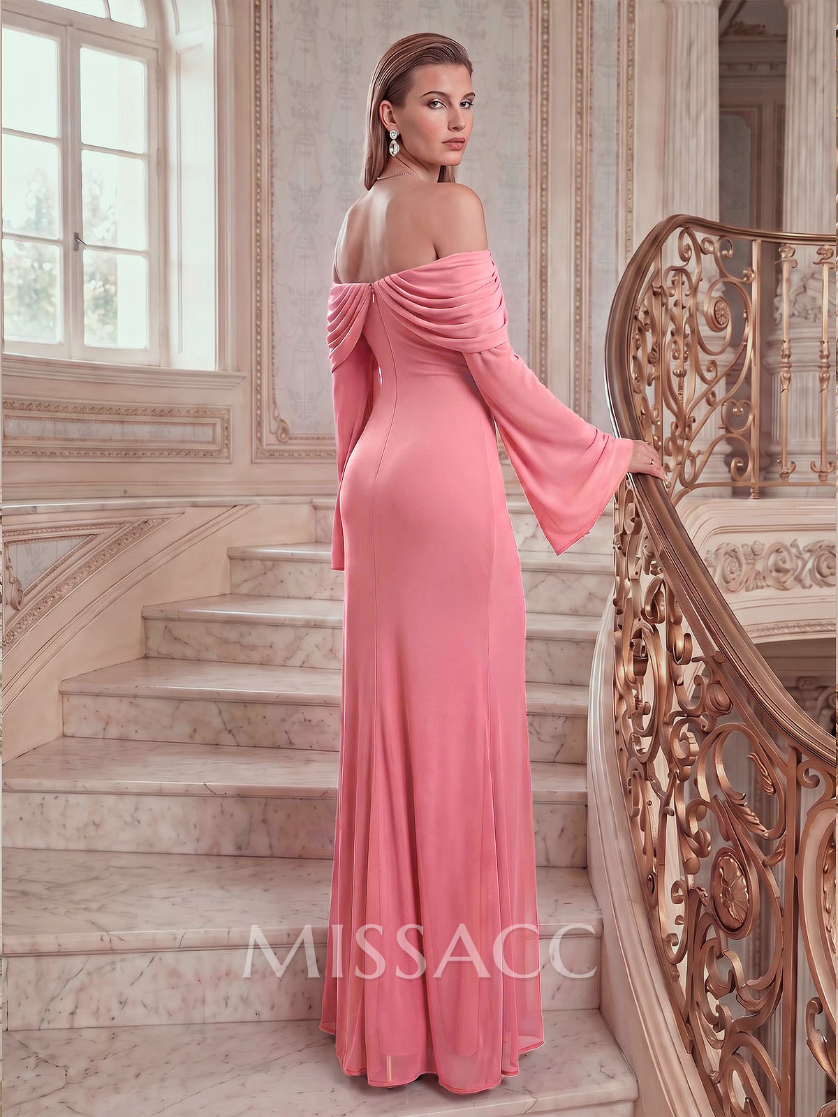 Sheath/Column Off-The-Shoulder Long Sleeves Floor-Length Knitted Chiffon Evening Dresses