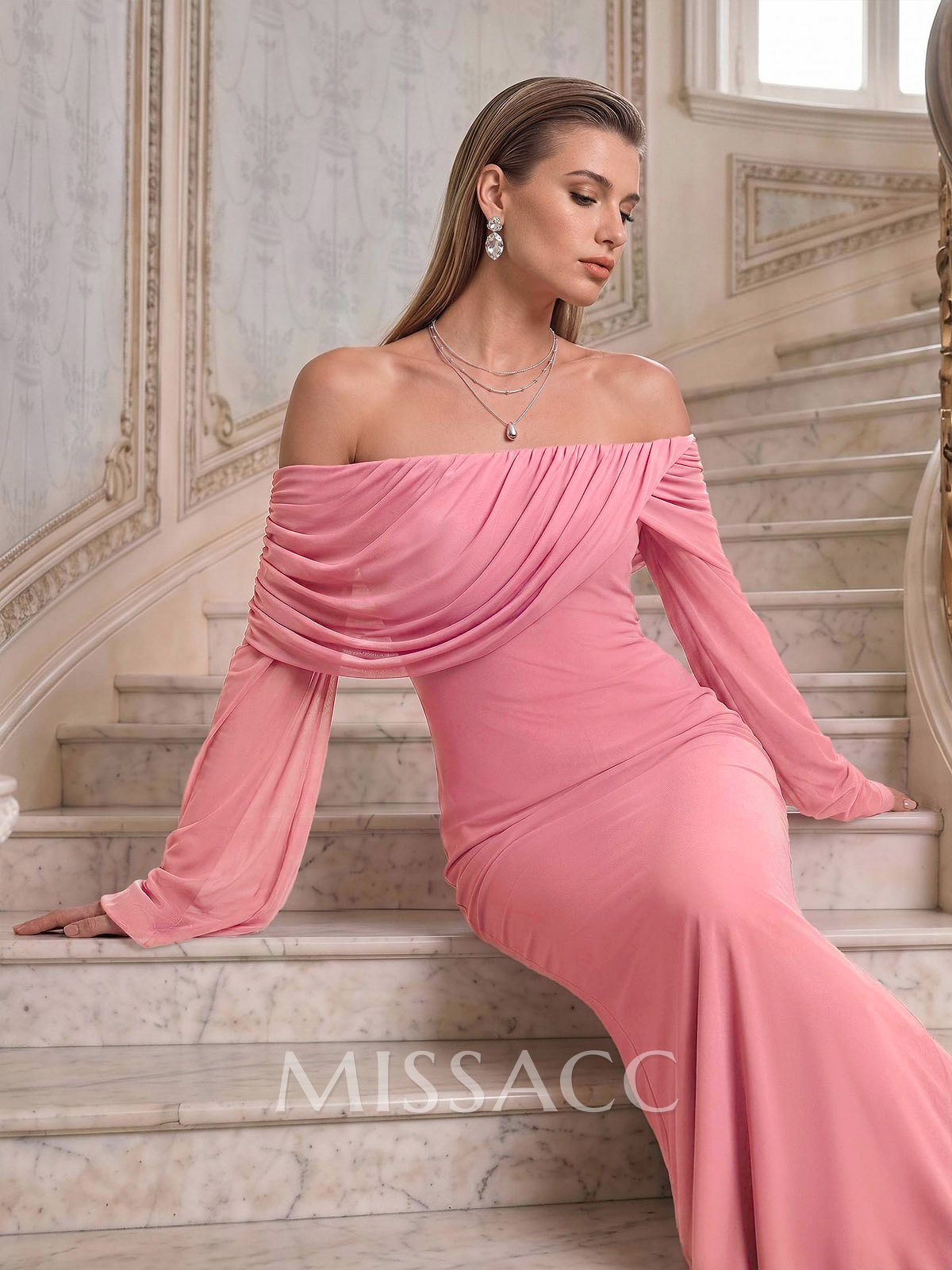 Sheath/Column Off-The-Shoulder Long Sleeves Floor-Length Knitted Chiffon Evening Dresses