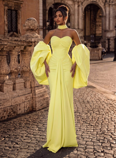Sheath/Column Sweetheart Detachable Sleeves Floor-Length Elastic Satin Evening Dresses With Back Slit