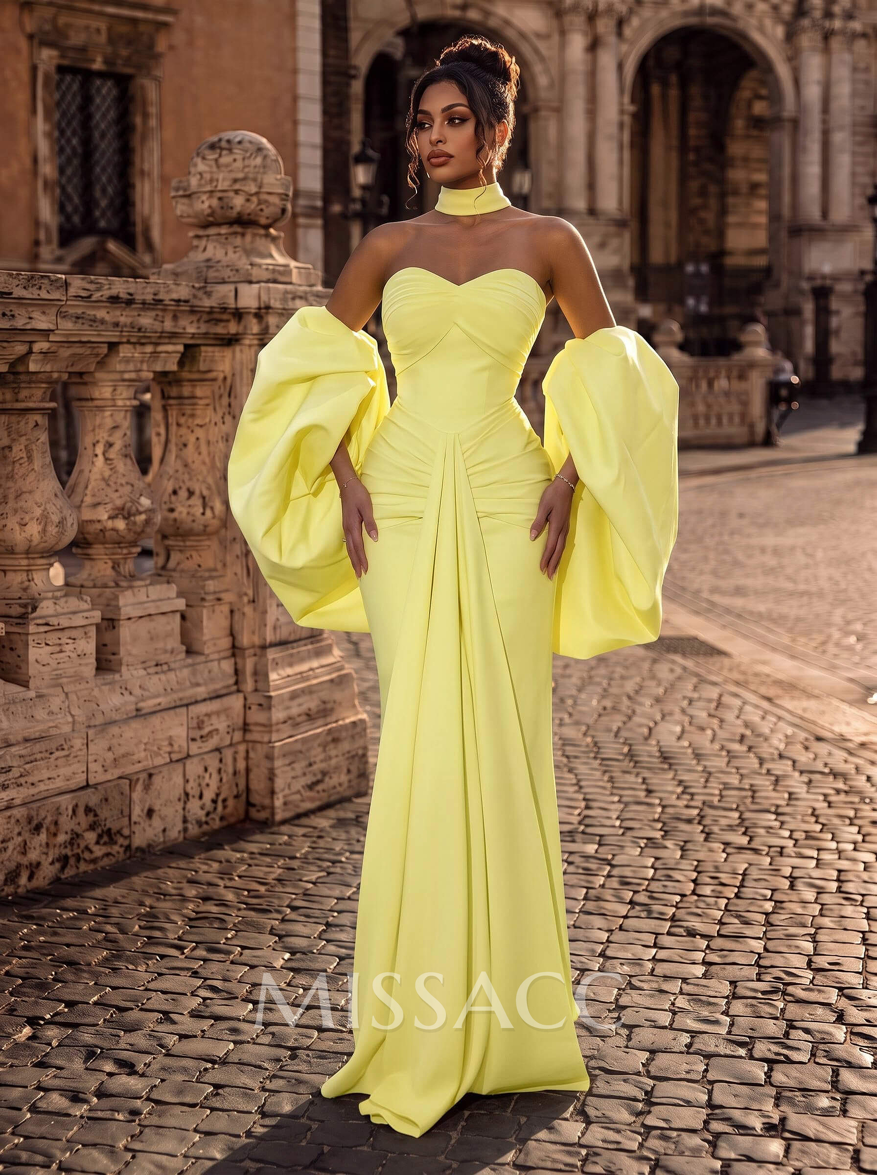 Sheath/Column Sweetheart Detachable Sleeves Floor-Length Elastic Satin Evening Dresses With Back Slit